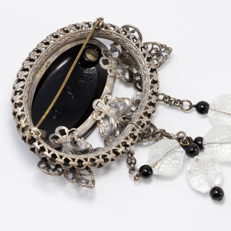Victorian Black Centerpiece Stone with Dangling Quartz,Onyx, Signed JF