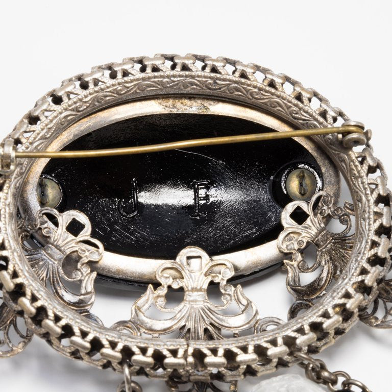 Victorian Black Centerpiece Stone with Dangling Quartz,Onyx, Signed JF