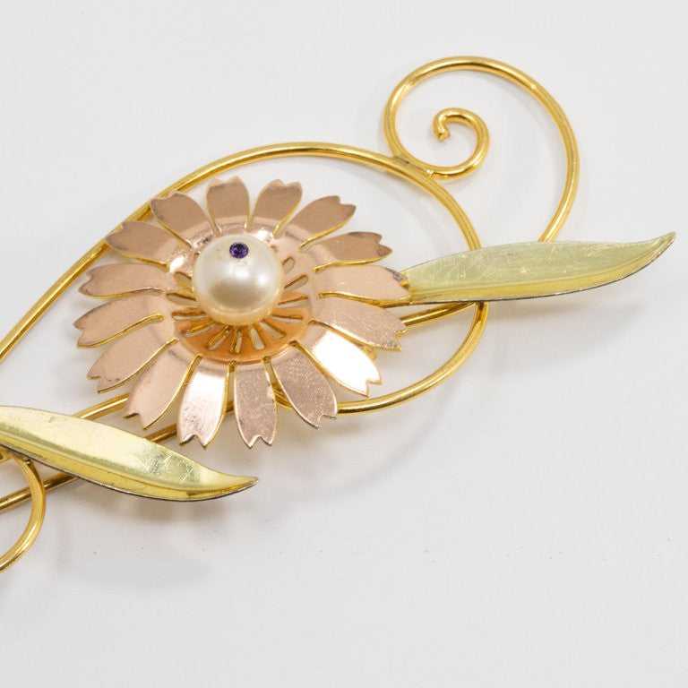 Van Dell Long Flower Wire Brooch Pin w Faux Pearl Center, Gold Filled Sterling
