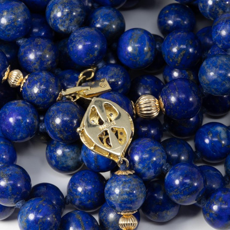 Lapis Lazuli Long Rope Bead Necklace, 14 Karat Gold, Diamond and Ruby Gold Clasp