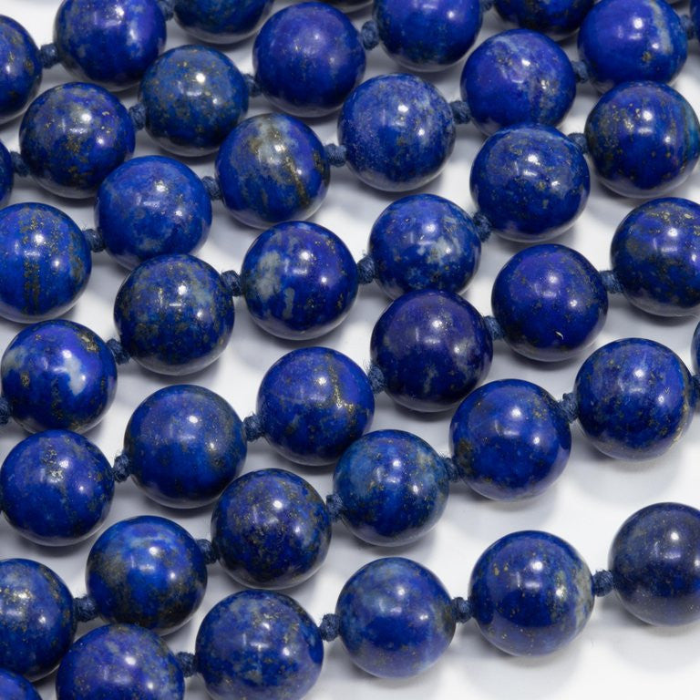 Lapis Lazuli Long Rope Bead Necklace, 14 Karat Gold, Diamond and Ruby Gold Clasp