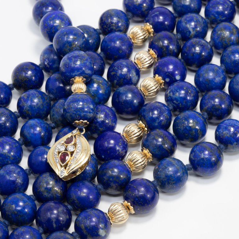 Lapis Lazuli Long Rope Bead Necklace, 14 Karat Gold, Diamond and Ruby Gold Clasp