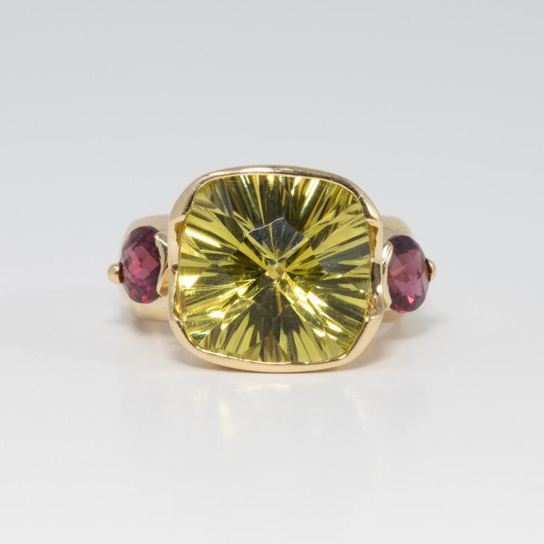 Certified Lemon Quartz and Garnet 14 Karat Statement Cocktail Ring, Band