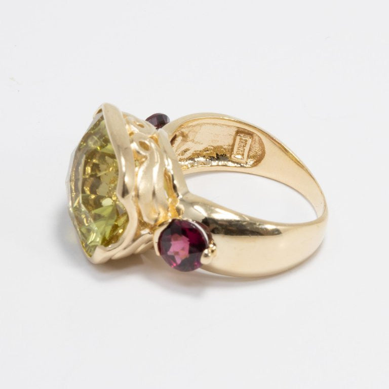 Certified Lemon Quartz and Garnet 14 Karat Statement Cocktail Ring, Band