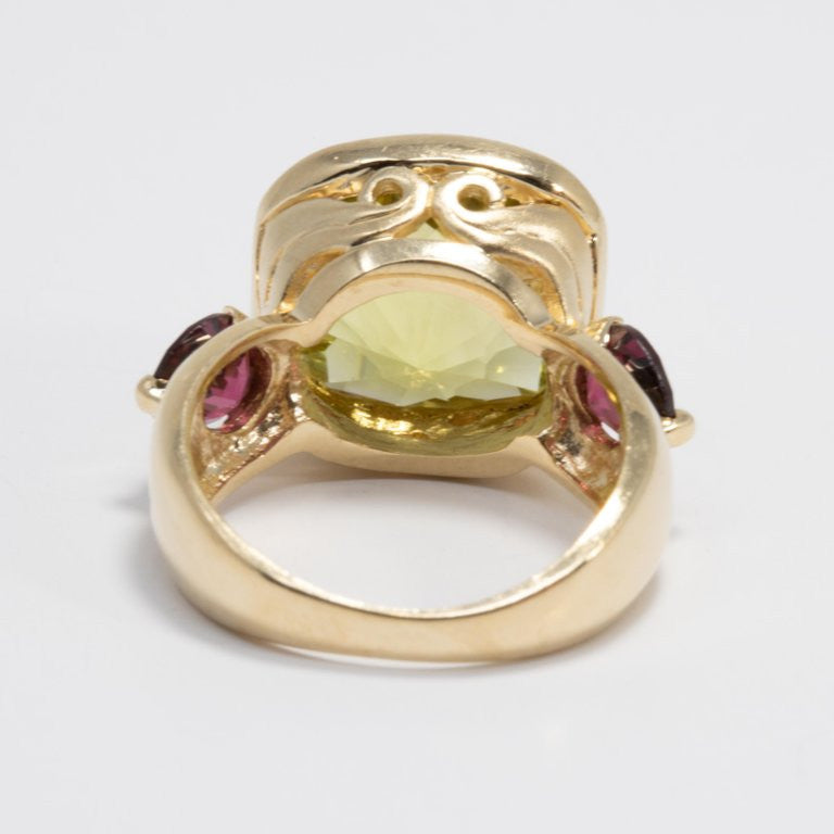 Certified Lemon Quartz and Garnet 14 Karat Statement Cocktail Ring, Band