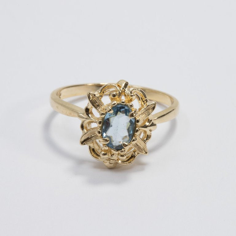 Aquamarine 14 Karat Ornate Floral Gold Ring, Open Back Setting, Vintage