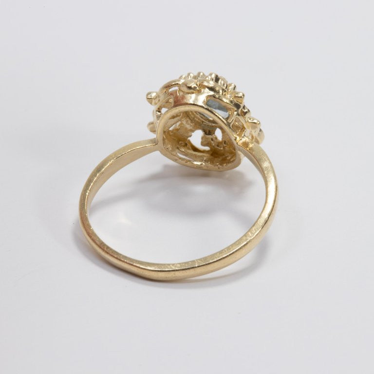 Aquamarine 14 Karat Ornate Floral Gold Ring, Open Back Setting, Vintage