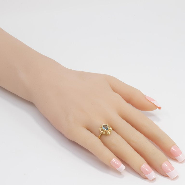 Aquamarine 14 Karat Ornate Floral Gold Ring, Open Back Setting, Vintage
