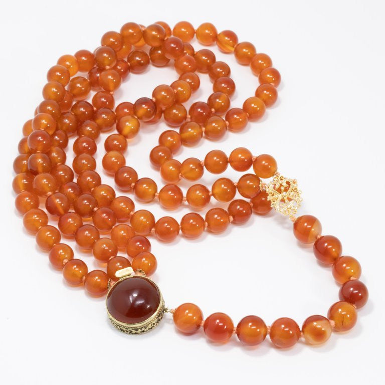 Carnelian Bead Knotted String Triple Strand Necklace, 14 Karat Clasp