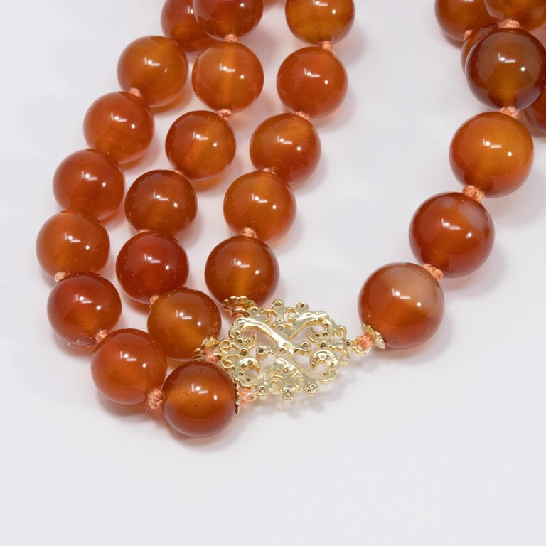 Carnelian Bead Knotted String Triple Strand Necklace, 14 Karat Clasp