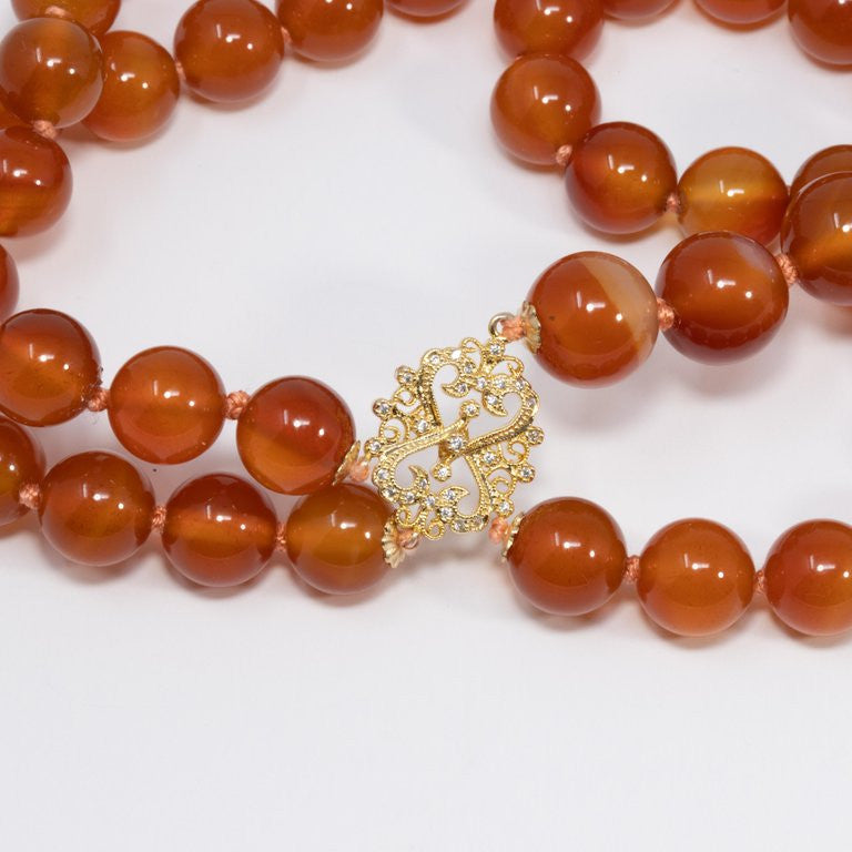 Carnelian Bead Knotted String Triple Strand Necklace, 14 Karat Clasp