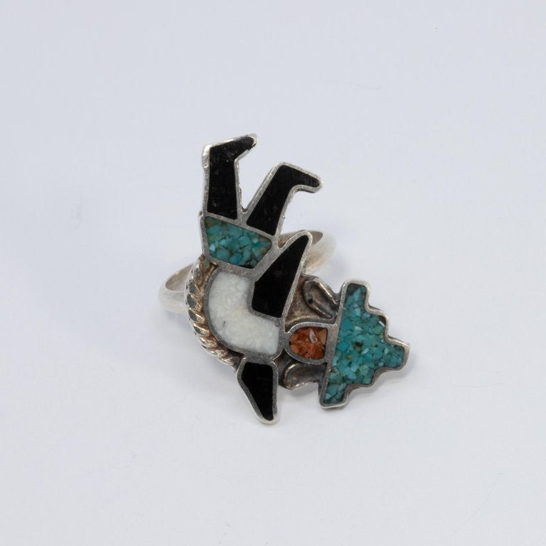Zuni Native American Rainbow Man Ring, Coral, Turquoise, Sterling Silver