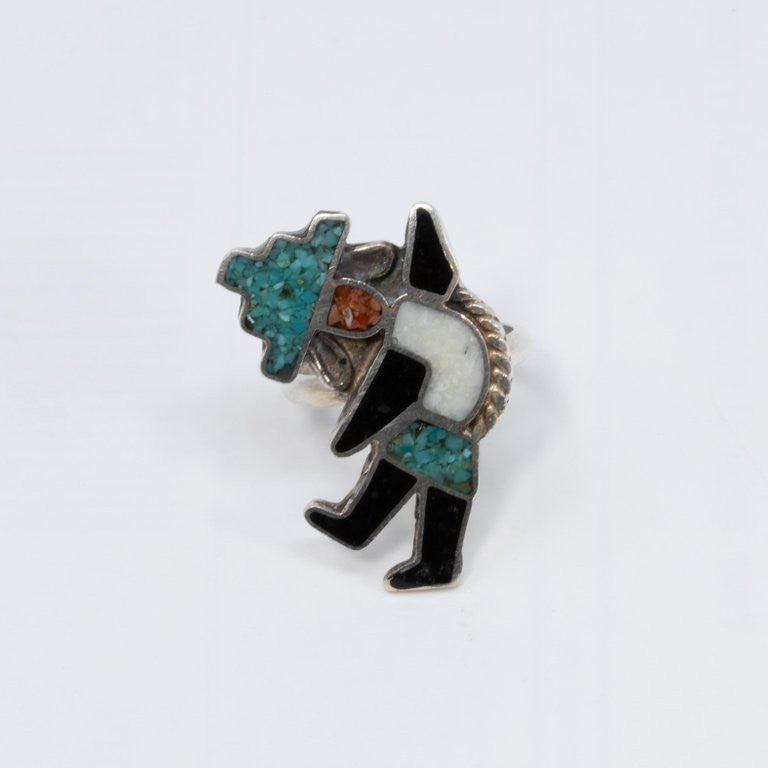 Zuni Native American Rainbow Man Ring, Coral, Turquoise, Sterling Silver