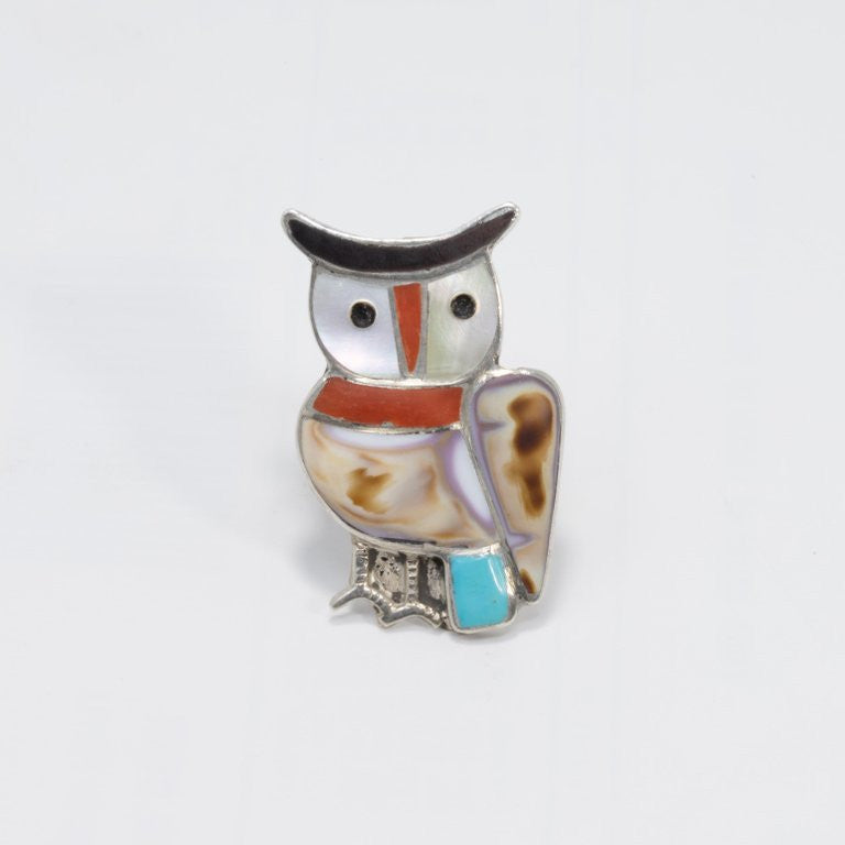 Native American Zuni Coral, Turquoise, Mother of Pearl Inlay Sterling Silver Owl Ring