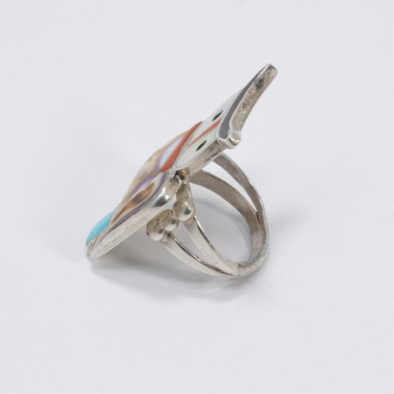 Native American Zuni Coral, Turquoise, Mother of Pearl Inlay Sterling Silver Owl Ring