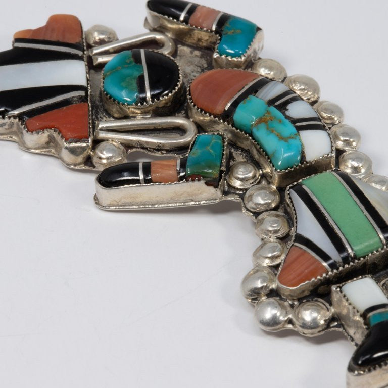 Zuni Native American Rainbow Man Pin Brooch, Coral, Turquoise, Sterling Silver