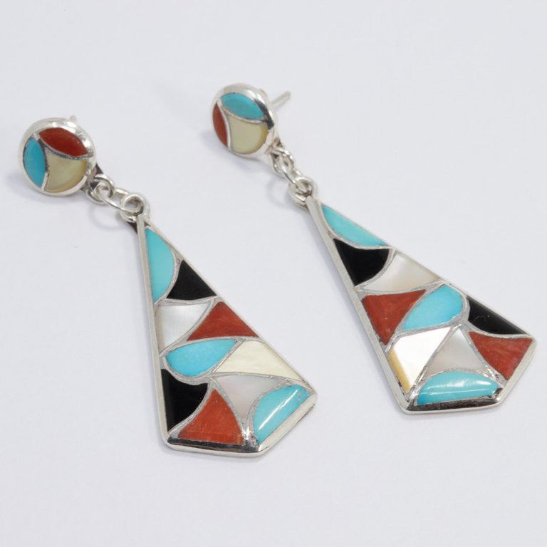 Zuni Native American Mosaic Dangle Earrings, Coral, Turquoise, Sterling Silver