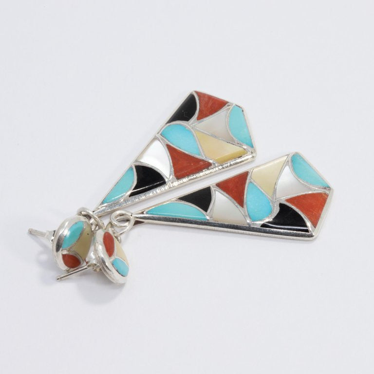 Zuni Native American Mosaic Dangle Earrings, Coral, Turquoise, Sterling Silver