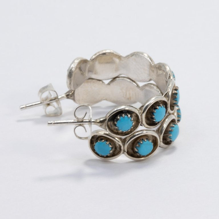 Native American Zuni Turquoise Sterling Silver Hoop Earrings