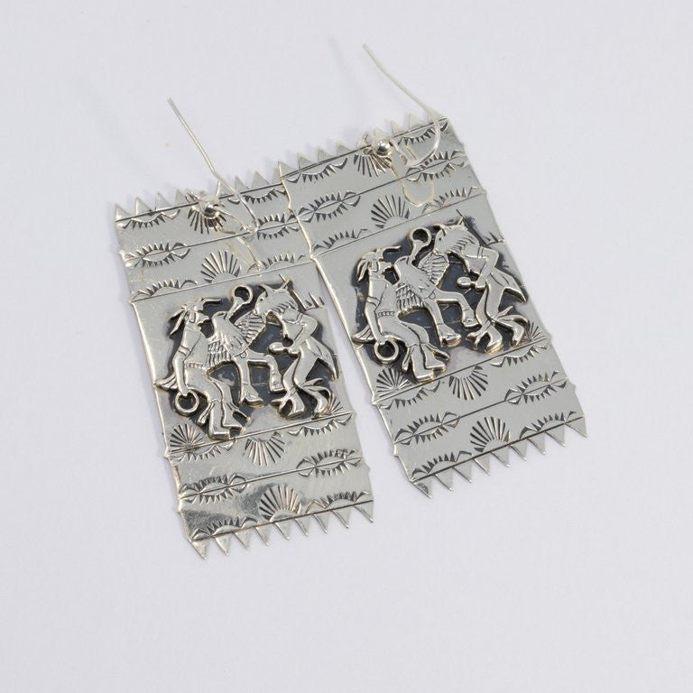 Native American Sterling Silver Deity Motif Dangling Earrings