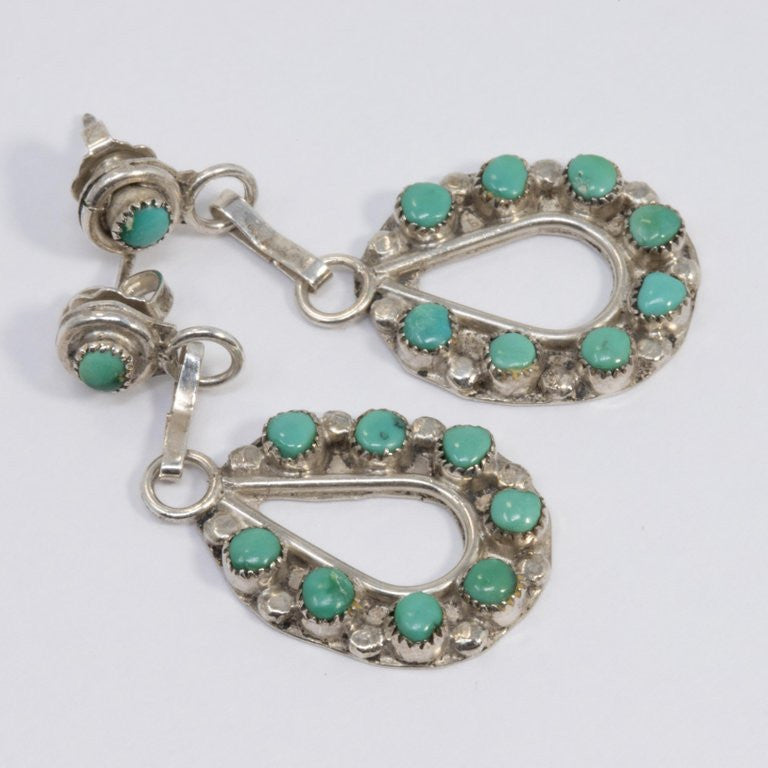 Zuni Native American Turquoise Sterling Silver Dangling Earrings, Post Backs
