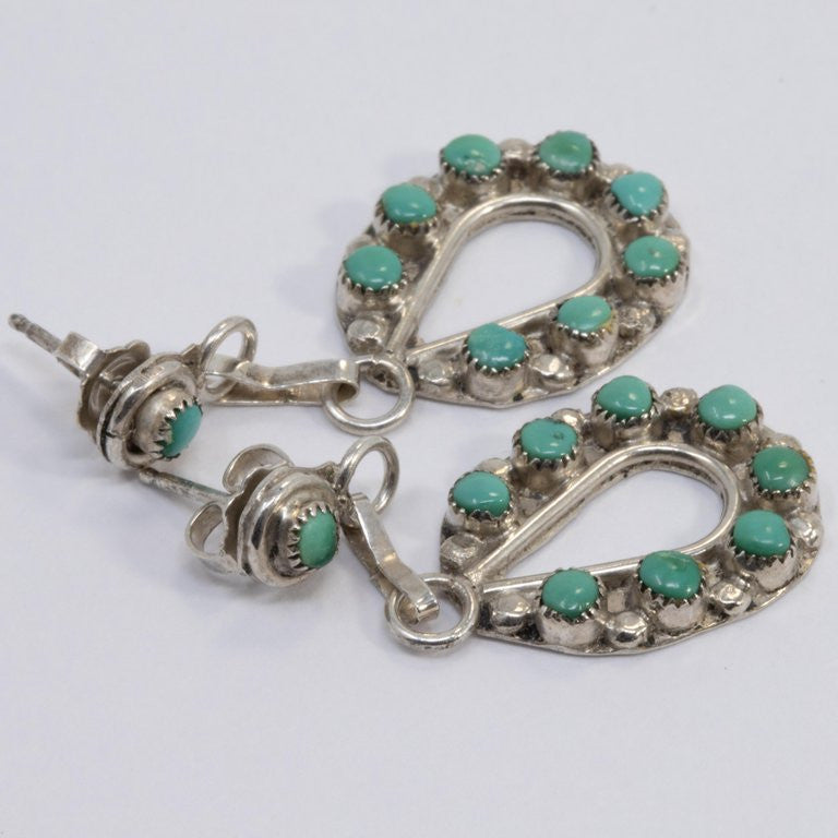 Zuni Native American Turquoise Sterling Silver Dangling Earrings, Post Backs