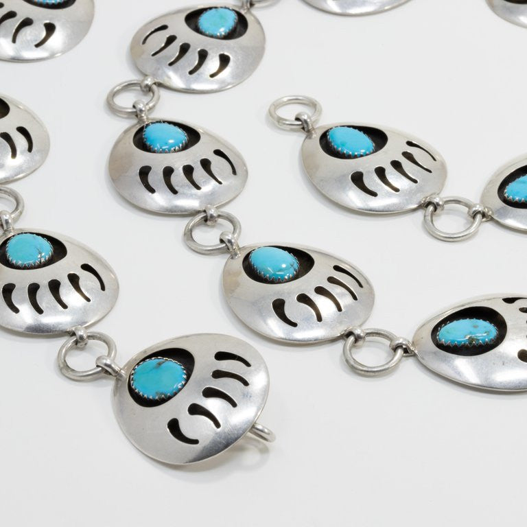 Native American Bear Claw Link Sterling Silver Turquoise Concho Belt