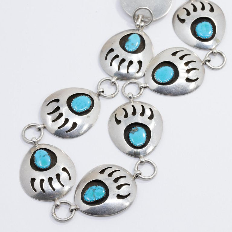 Native American Bear Claw Link Sterling Silver Turquoise Concho Belt