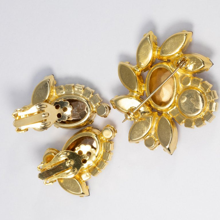 Juliana DeLizza & Elster Watermelon Crystal Brooch and Clip On Earrings