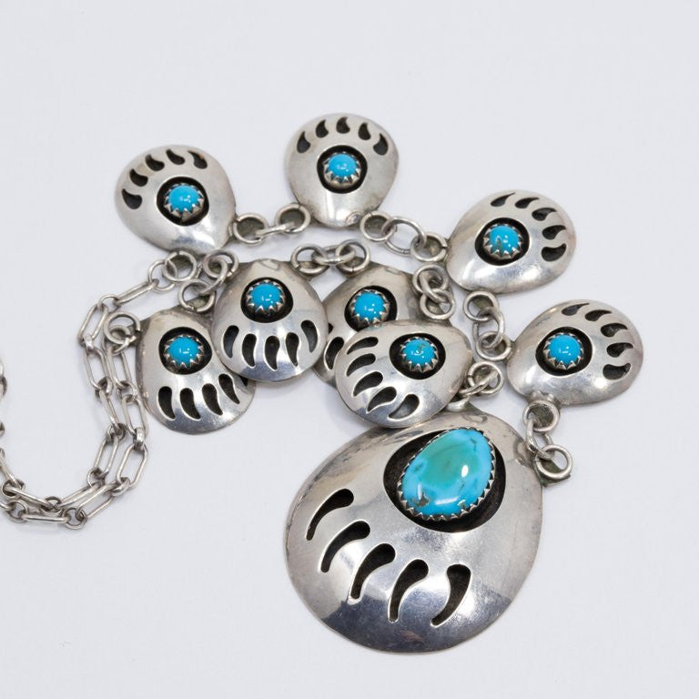 Native American Bear Claw Link Sterling Silver Turquoise Pendant Necklace