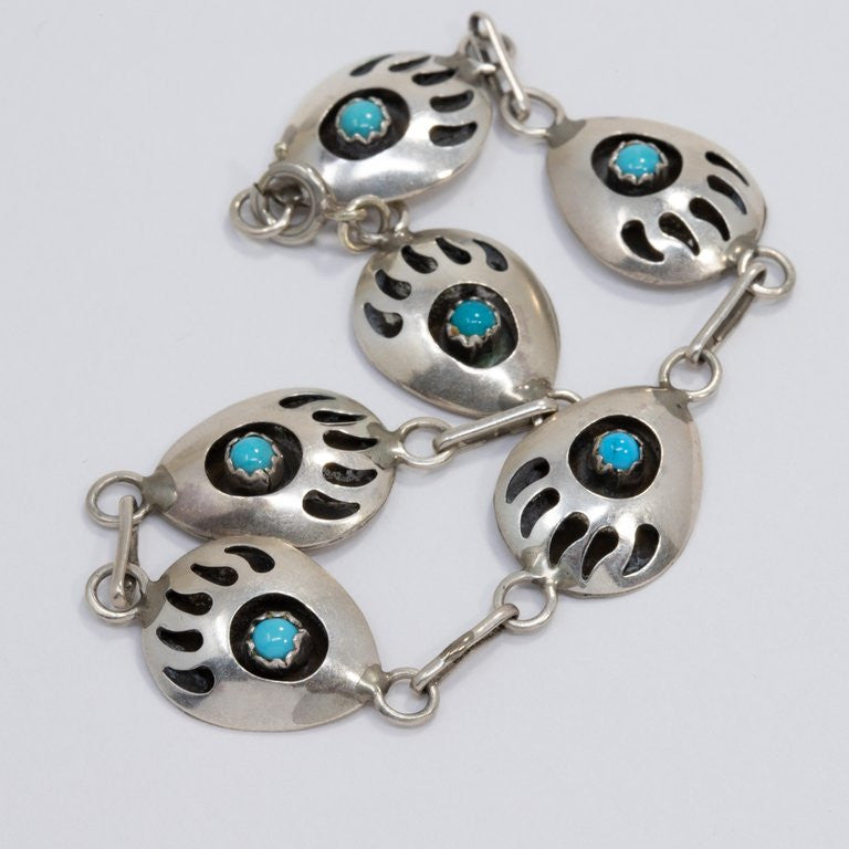 Native American Bear Claw Sterling Silver and Turquoise Link Bracelet