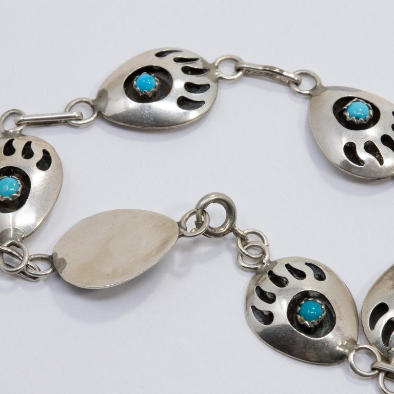 Native American Bear Claw Sterling Silver and Turquoise Link Bracelet