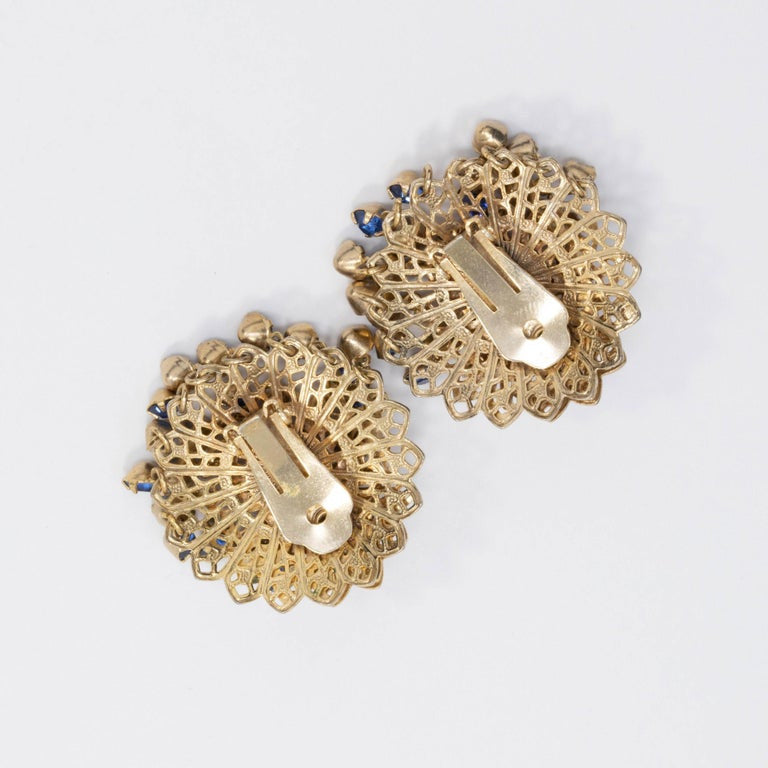 Layered Filigree Sapphire Crystal Cluster Clip on Earrings in Gold, Mid 1900s
