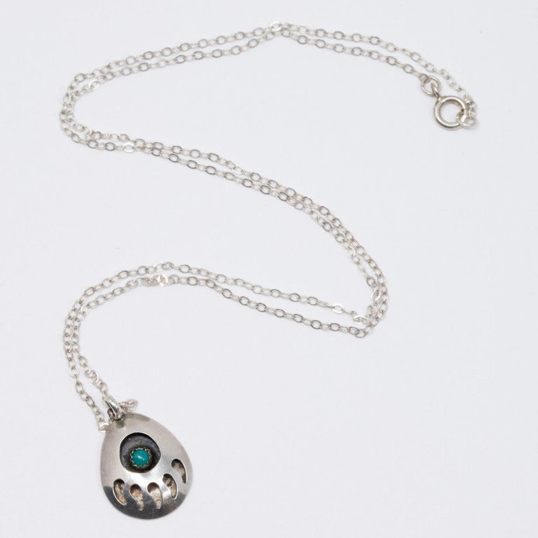Native American Bear Claw Sterling Silver and Turquoise Pendant Necklace