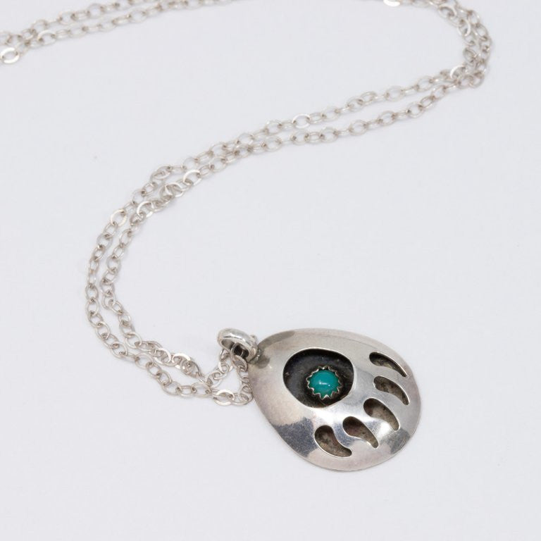 Native American Bear Claw Sterling Silver and Turquoise Pendant Necklace