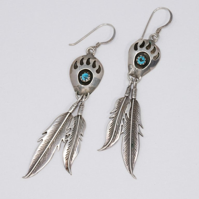 Native American Bear Claw Feather Sterling Silver Turquoise Dangling Earrings