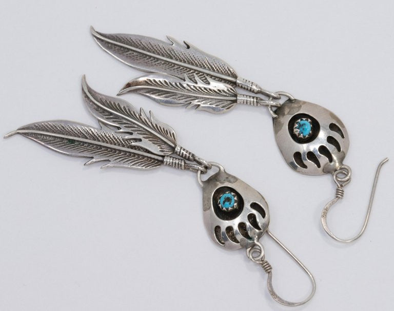 Native American Bear Claw Feather Sterling Silver Turquoise Dangling Earrings