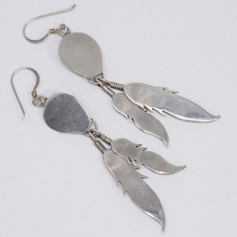 Native American Bear Claw Feather Sterling Silver Turquoise Dangling Earrings