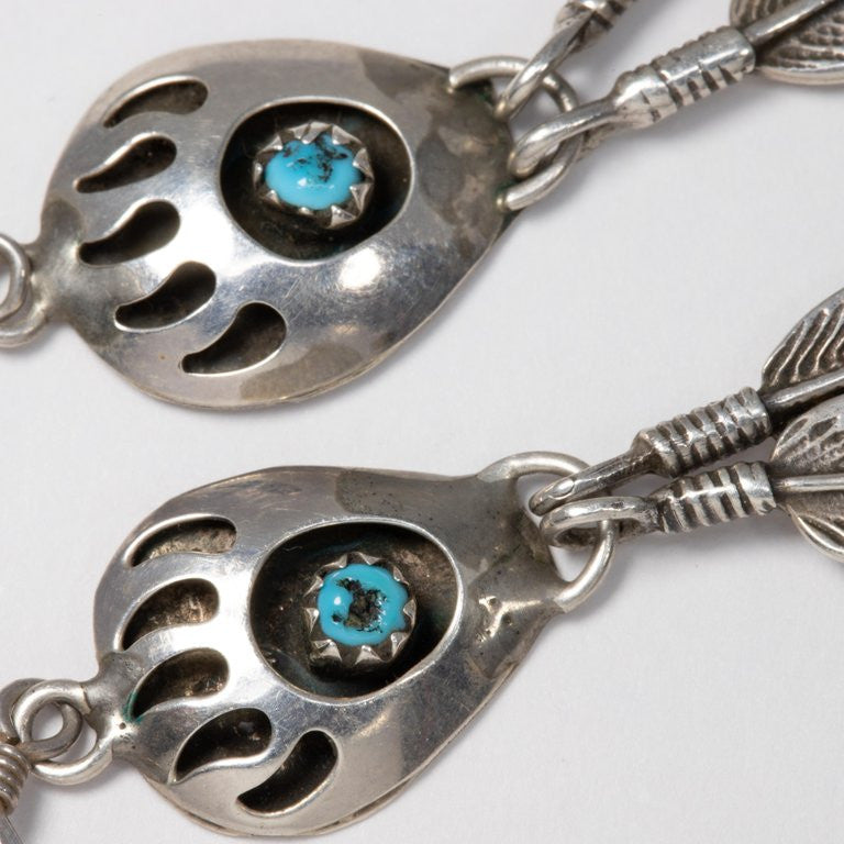 Native American Bear Claw Feather Sterling Silver Turquoise Dangling Earrings