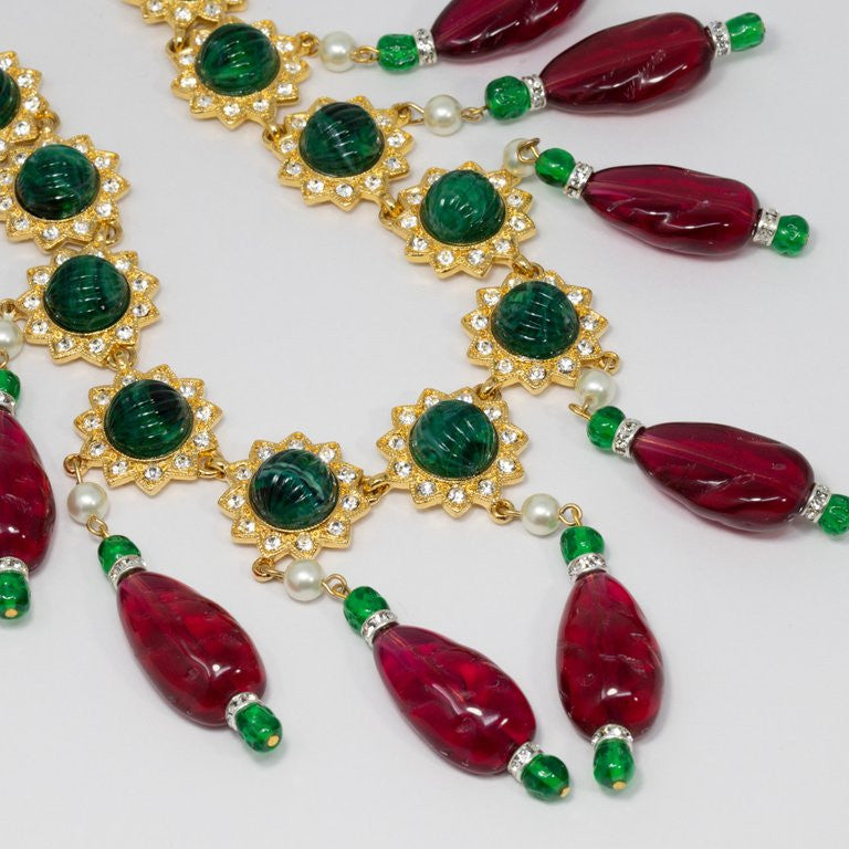 KJL Kenneth Jay Lane Red and Green Drop Accents Necklace w Faux Pearls, Crystals