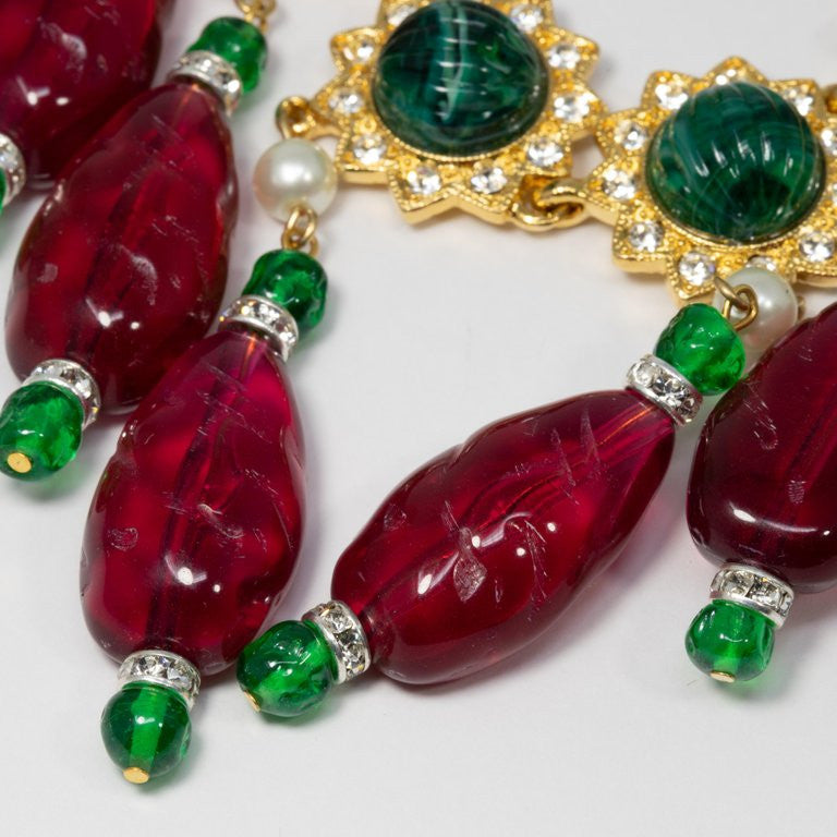 KJL Kenneth Jay Lane Red and Green Drop Accents Necklace w Faux Pearls, Crystals