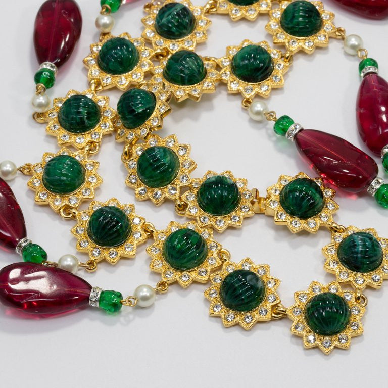 KJL Kenneth Jay Lane Red and Green Drop Accents Necklace w Faux Pearls, Crystals