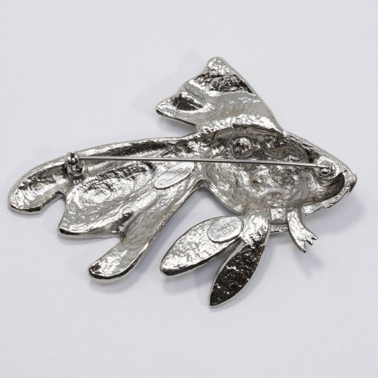 Oscar de la Renta Clear Crystal Fish Stone Brooch, Pin, in Silvertone