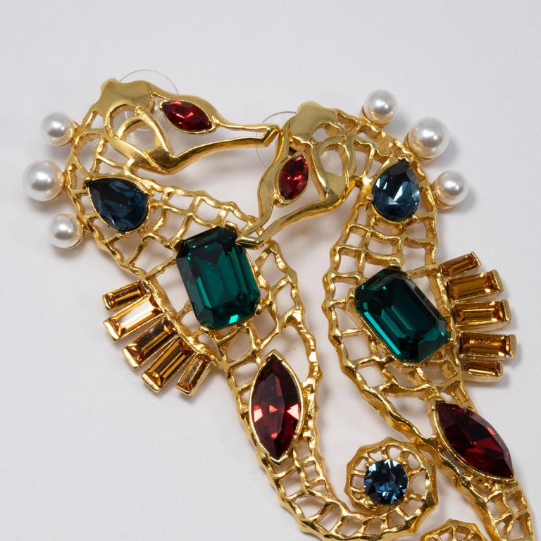 Oscar de la Renta Jeweled Seahorse Earrings in Gold, Green Reed and Blue Crystal