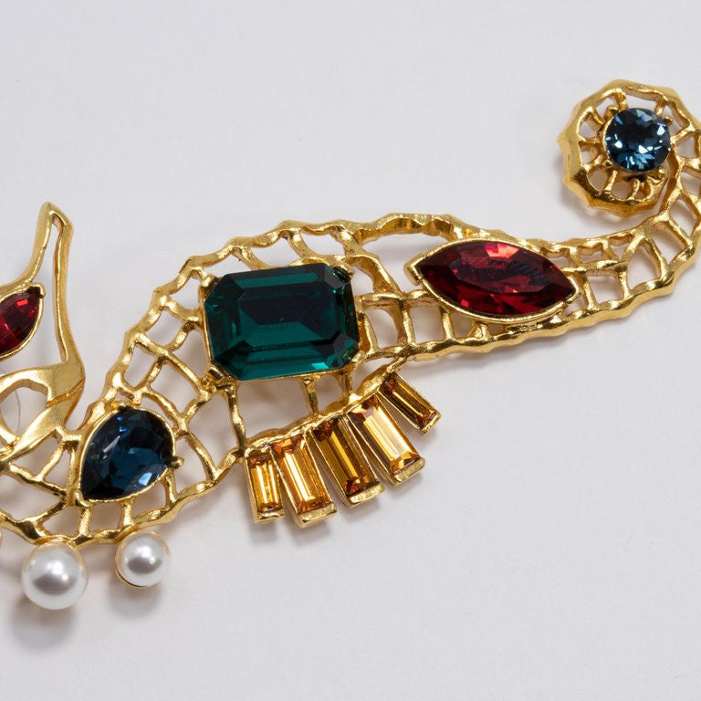 Oscar de la Renta Jeweled Seahorse Earrings in Gold, Green Reed and Blue Crystal