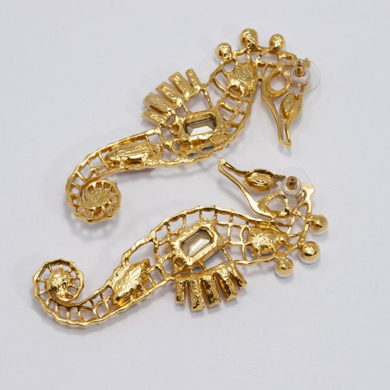 Oscar de la Renta Jeweled Seahorse Earrings in Gold, Green Reed and Blue Crystal