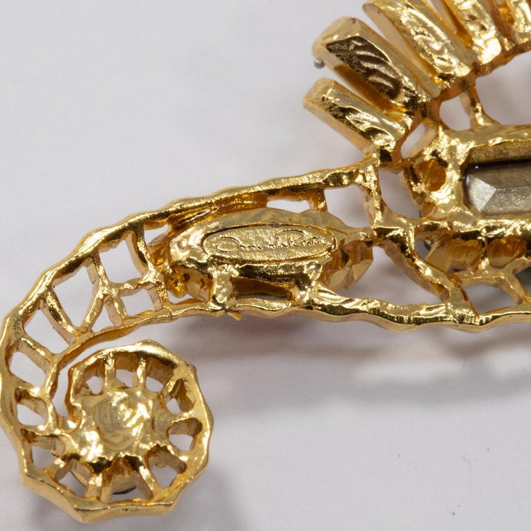 Oscar de la Renta Jeweled Seahorse Earrings in Gold, Green Reed and Blue Crystal