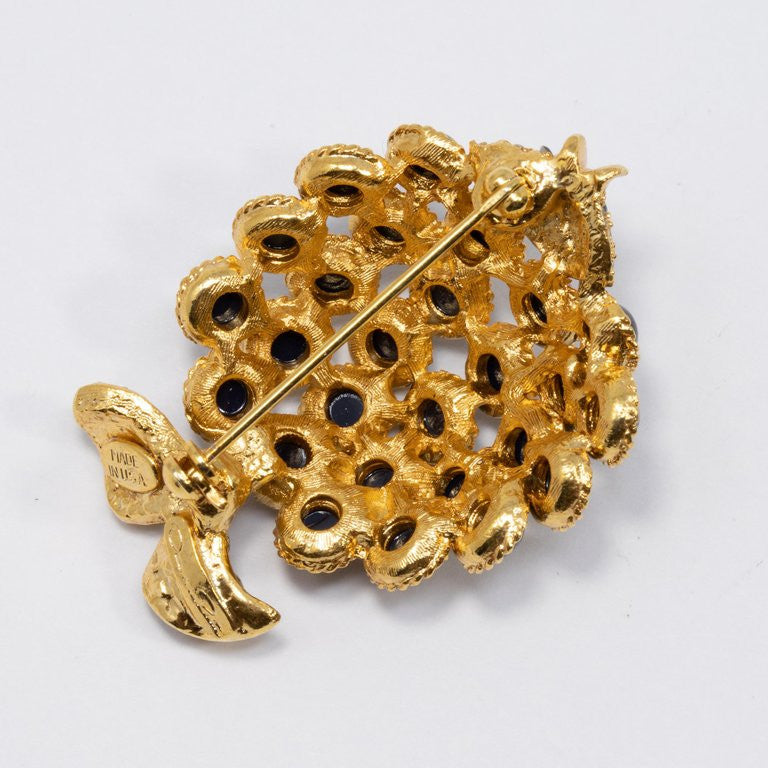 Oscar de la Renta Pave Blue Cabochon Embellished Fish Brooch, Pin in Gold