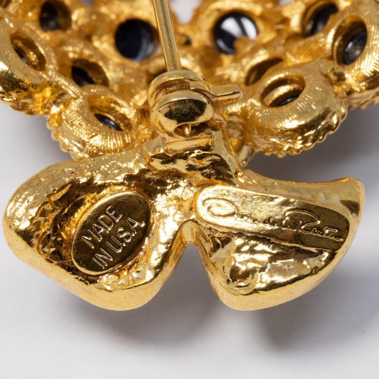 Oscar de la Renta Pave Blue Cabochon Embellished Fish Brooch, Pin in Gold
