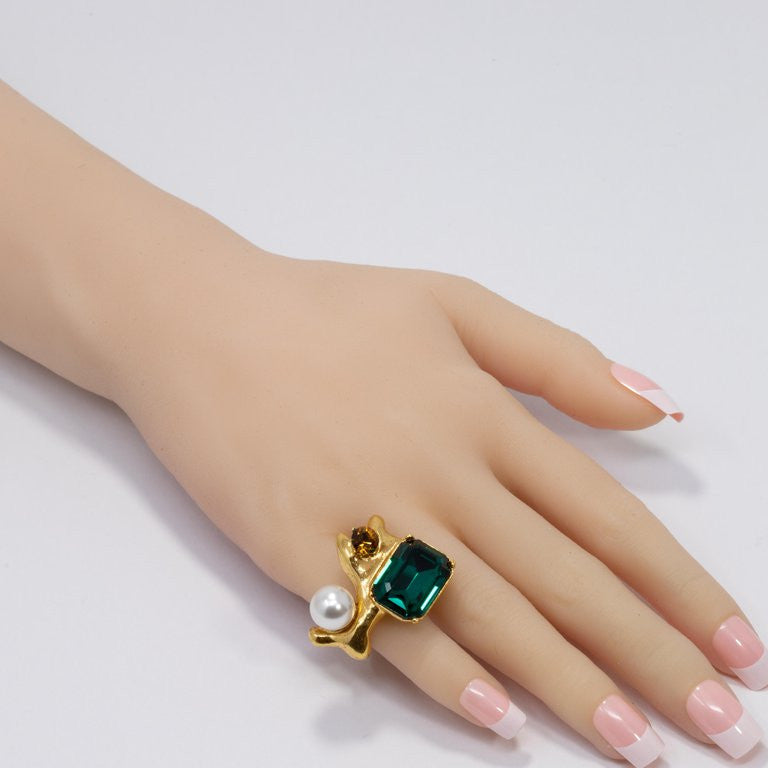Oscar de la Renta Bold Green, Amber Crystal and Pearl Cocktail Ring